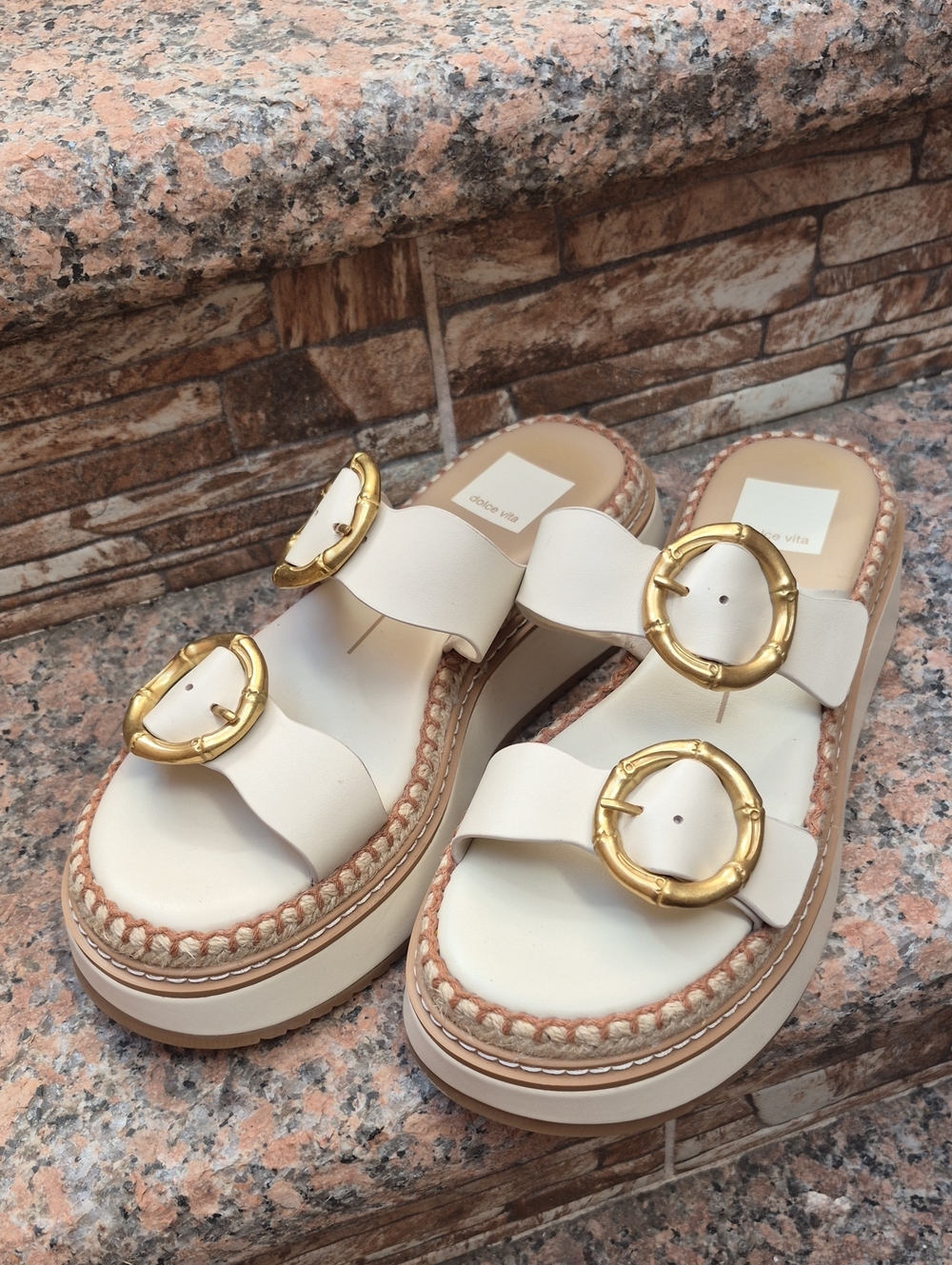 Dolce Vita Cream Double-Band Slide Mules with Gold Buckles